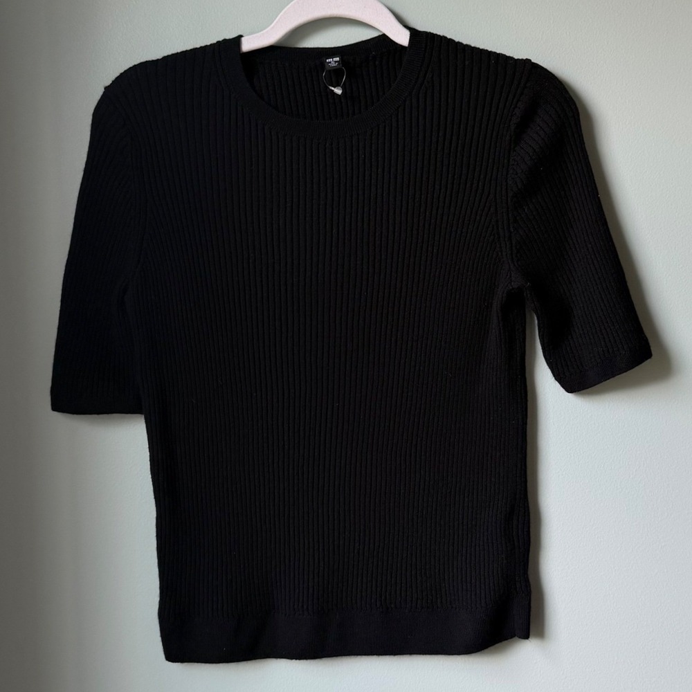 UNIQLO 100% Extra Fine Merino Wool Ribbed Sweater Half Sleeve Crew Neck Black XL